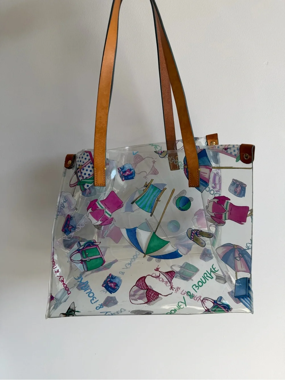 Dooney & Bourke Miami Beach Print Clear Tote w/ Leather Straps Rare Vintage Y2K